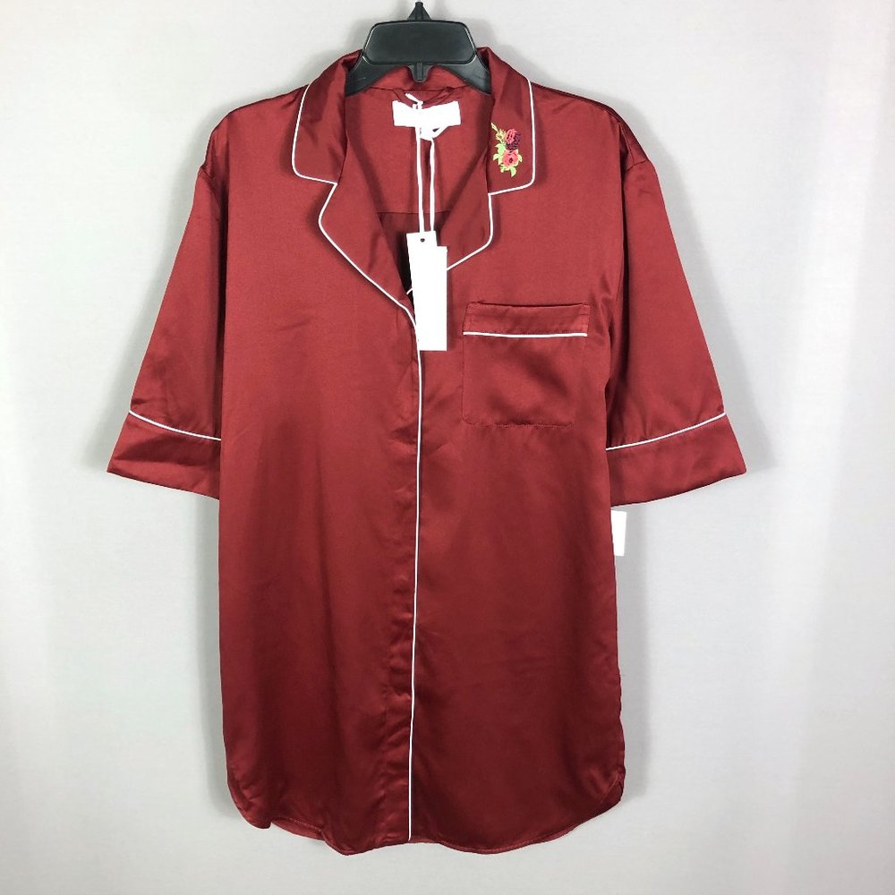 BED TO BRUNCH Satin Embroidered Rose Sleep Shirt Dress Size Small